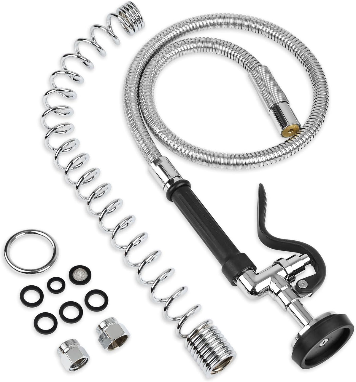 COOLWEST Pre Rinse Spray Valve with 44” Commercial Sink Sprayer Hose and Overhead Spring, Black Pre Rinse Sprayer with Stainless Steel Hose & Spring Replacement Kit for Commercial Kitchen Faucets
