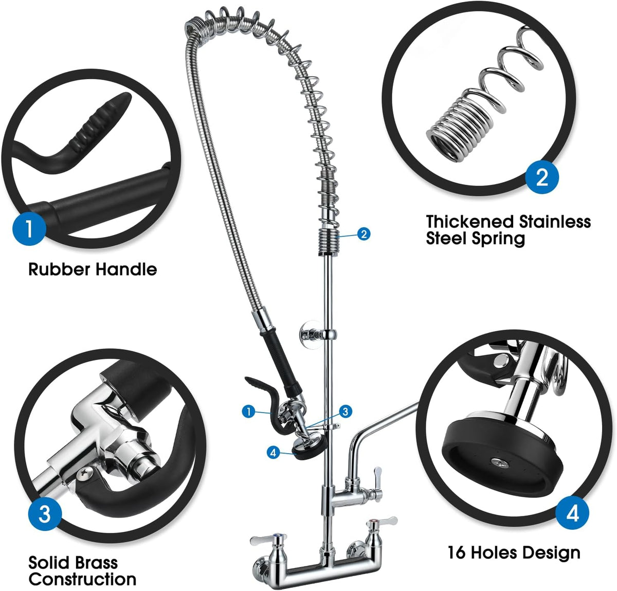 HWM Commercial Sink Sprayer Valve with 38” Flexible Stainless Steel Pre Rinse Hose & Overhead Spring Replacement Kit for Commercial Kitchen Sink Faucets