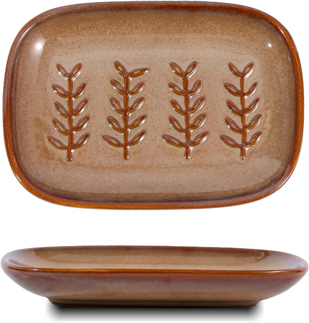 HighHerz Aesthetic Ceramic Soap Dish for Shower, Soap Holder with Raised Relief, Shower Soap Dish for Shampoo Bar Or Sponge, Soap Saver for Bathroom, Kitchen, Sink, Decorative Soap Tray (Brown)