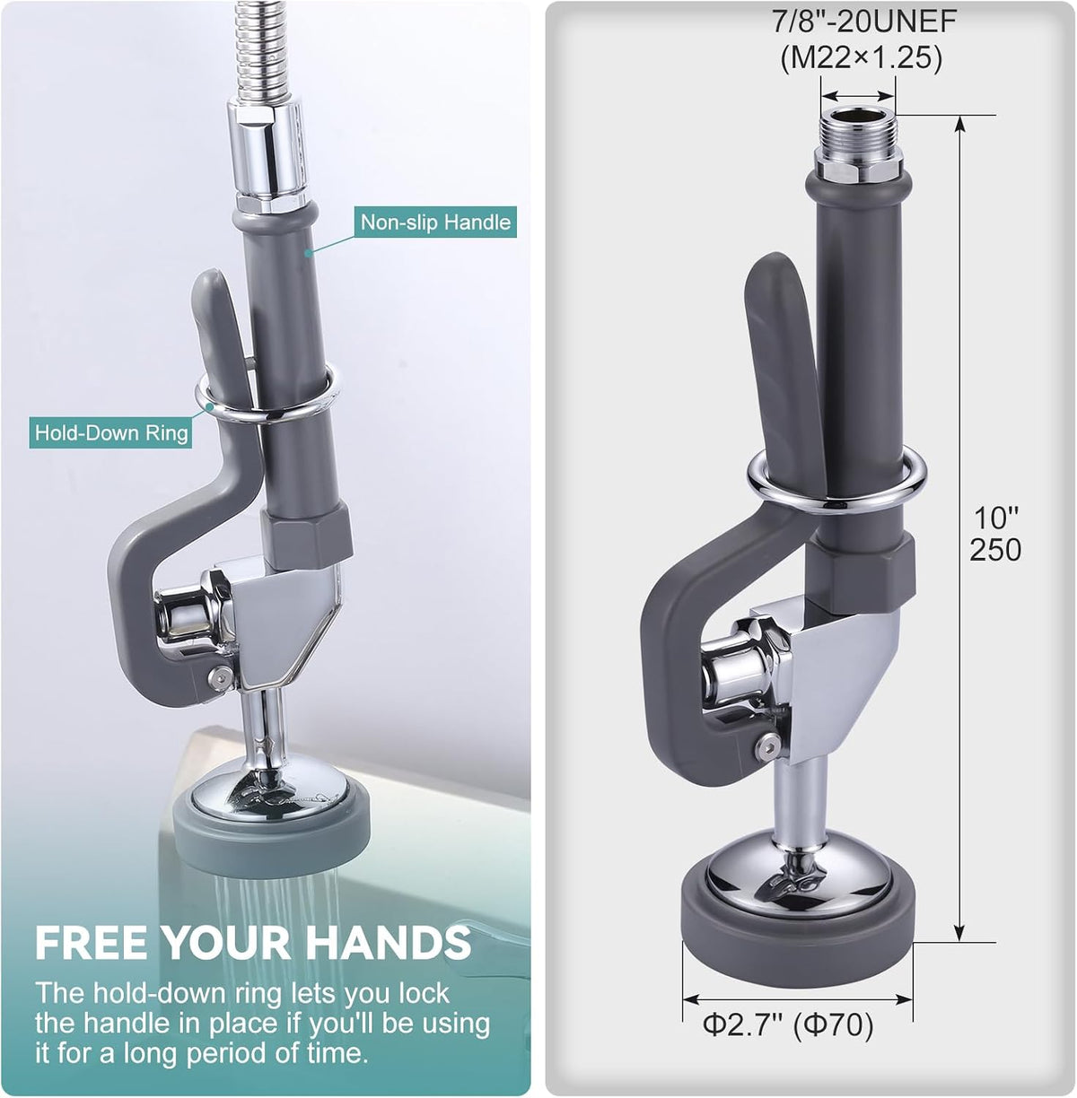 Pre Rinse Sprayer with Gray Handle Rubber Nozzles, 1.42 GPM High Pressure Pull Down Spray Head, 7/8-20UNEF Connector Handheld Dish Sprayer Nozzle Replacement Part for Commercial Sink Faucet