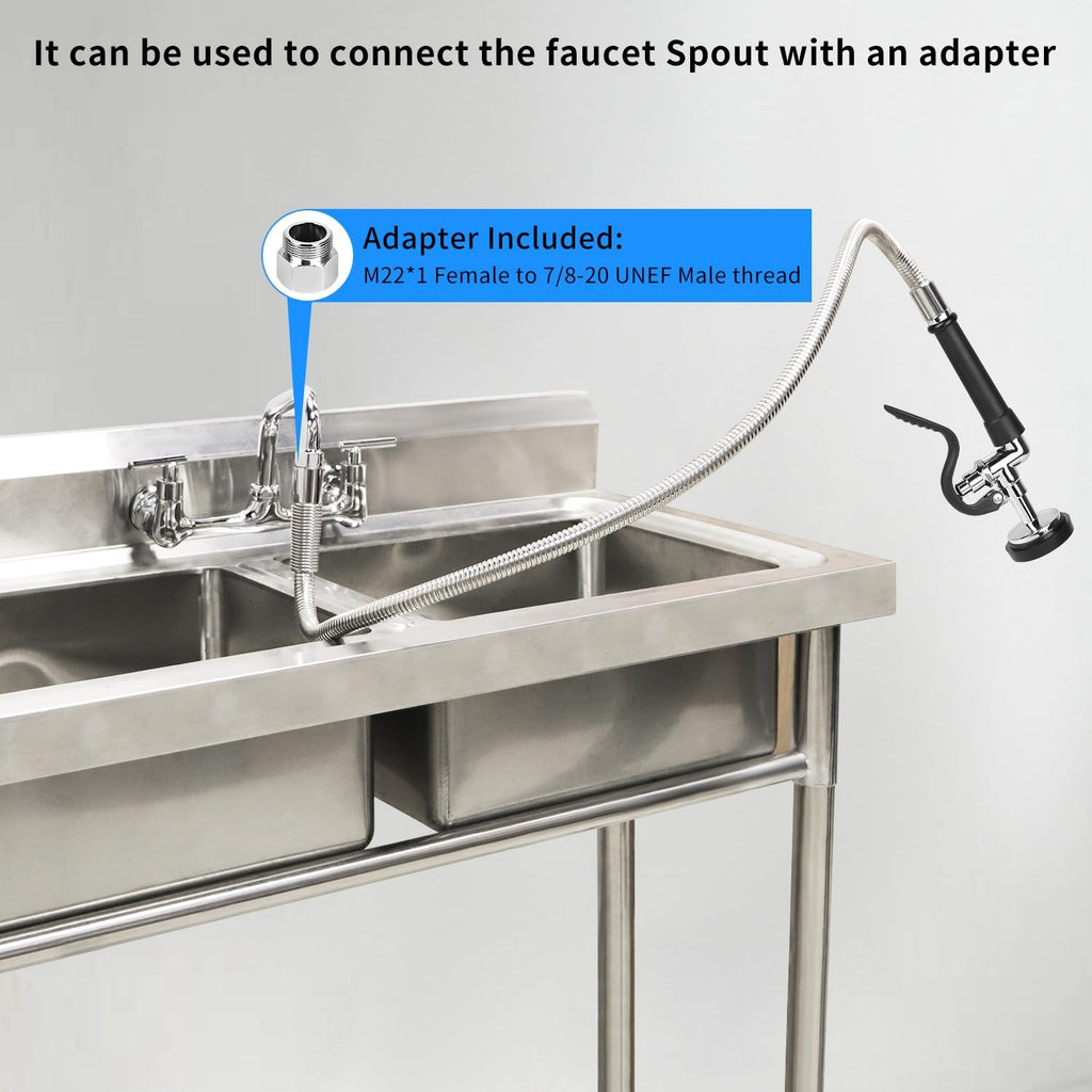 Pre-rinse Hose with Spray Valve, 45” Flexible Stainless Steel Hose with Black Pre Rinse Sprayer Head Assembly for Commercial Industrial Restaurant Kitchen Sink Faucet (3 Adapters Included)
