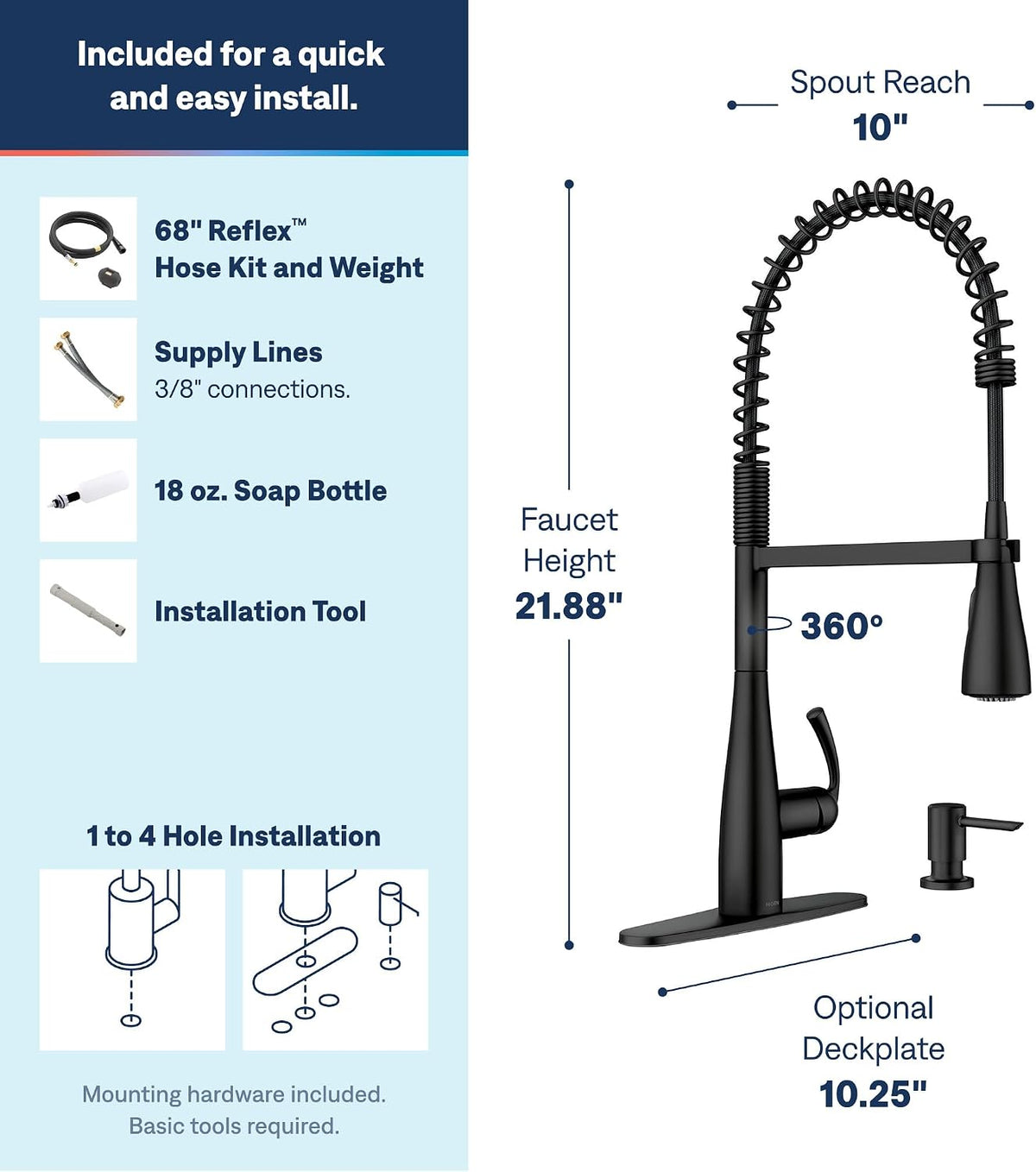 Moen Essie Matte Black One-Handle High Arc Pre-Rinse Spring Pulldown Kitchen Faucet with Power Clean, 87814BL