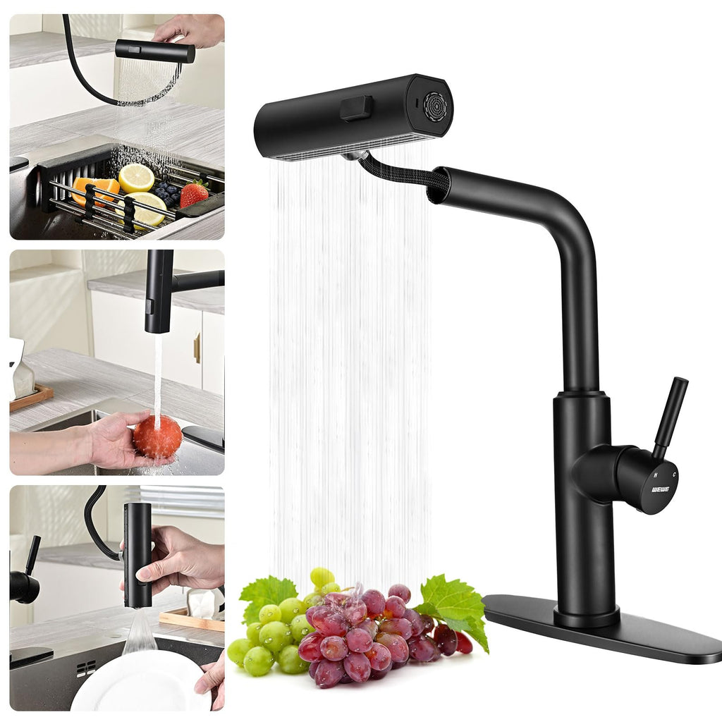 WEWE Pull-Down Kitchen Faucet with 3 Mode Sprayer, Polished Chrome