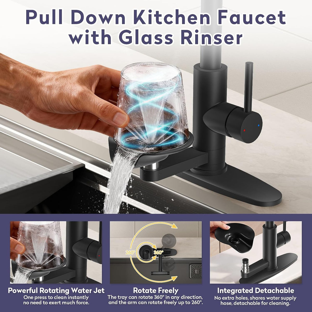 HOWUWEY Black Kitchen Faucet with Pull Down Sprayer & Cup Washer