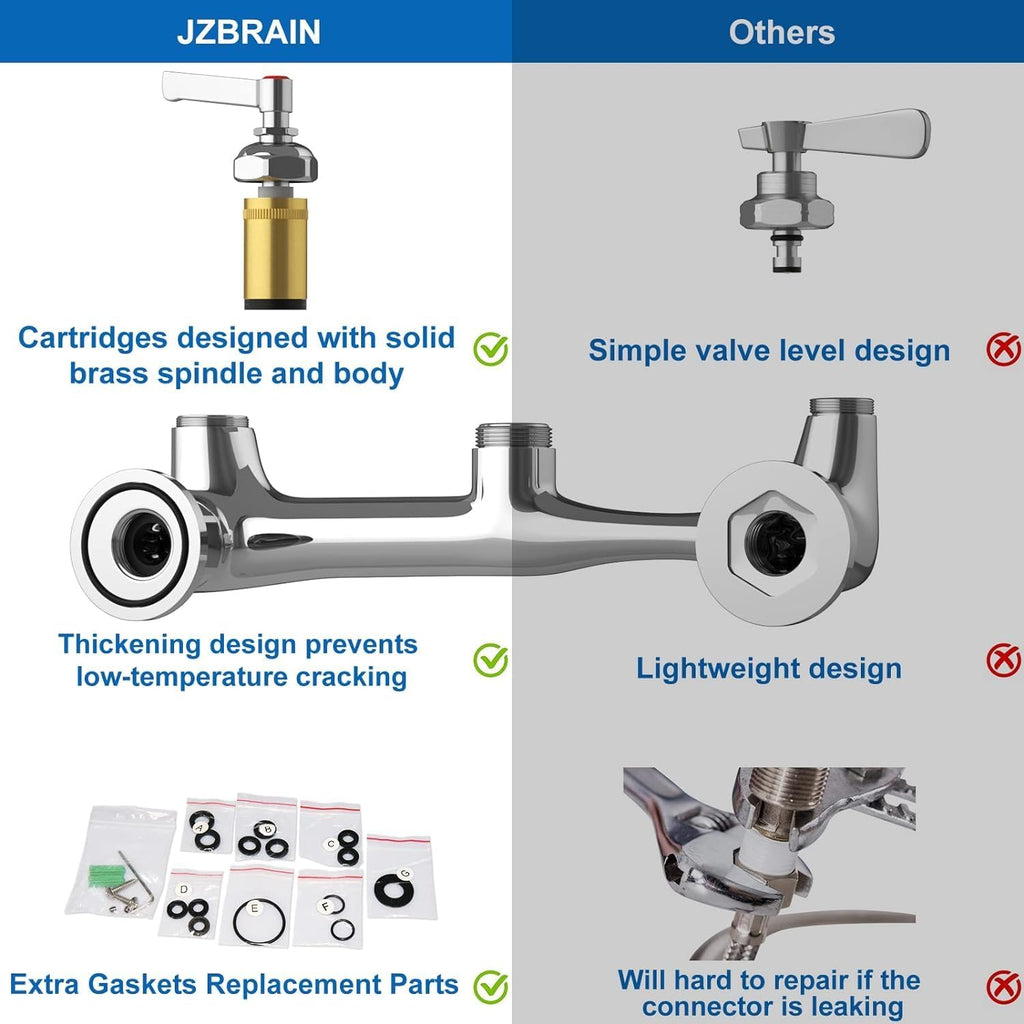 Commercial Wall Mount Kitchen Sink Faucet with Sprayer - 21"" Height 8 inch Center, Add-on 8"" Swing Spout Pre-Rinse Sprayer for 1 or 2 Compartment Sink, KH-KF-002