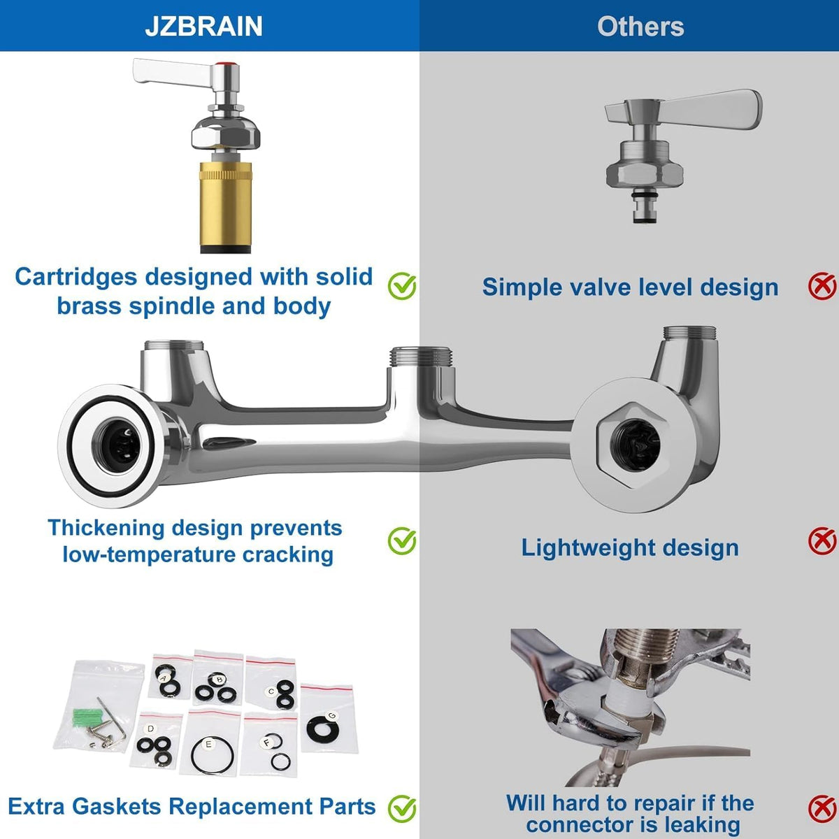 Commercial Wall Mount Kitchen Sink Faucet with Sprayer - 21"" Height 8 inch Center, Add-on 8"" Swing Spout Pre-Rinse Sprayer for 1 or 2 Compartment Sink, KH-KF-002