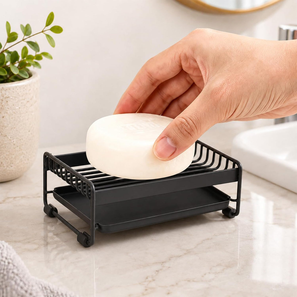 Soap Dish for Shower, Carbon Steel Bar Soap Holder with Water Tray, Soap Organizer for Bathroom, Kitchen Sink and Countertop(Black)