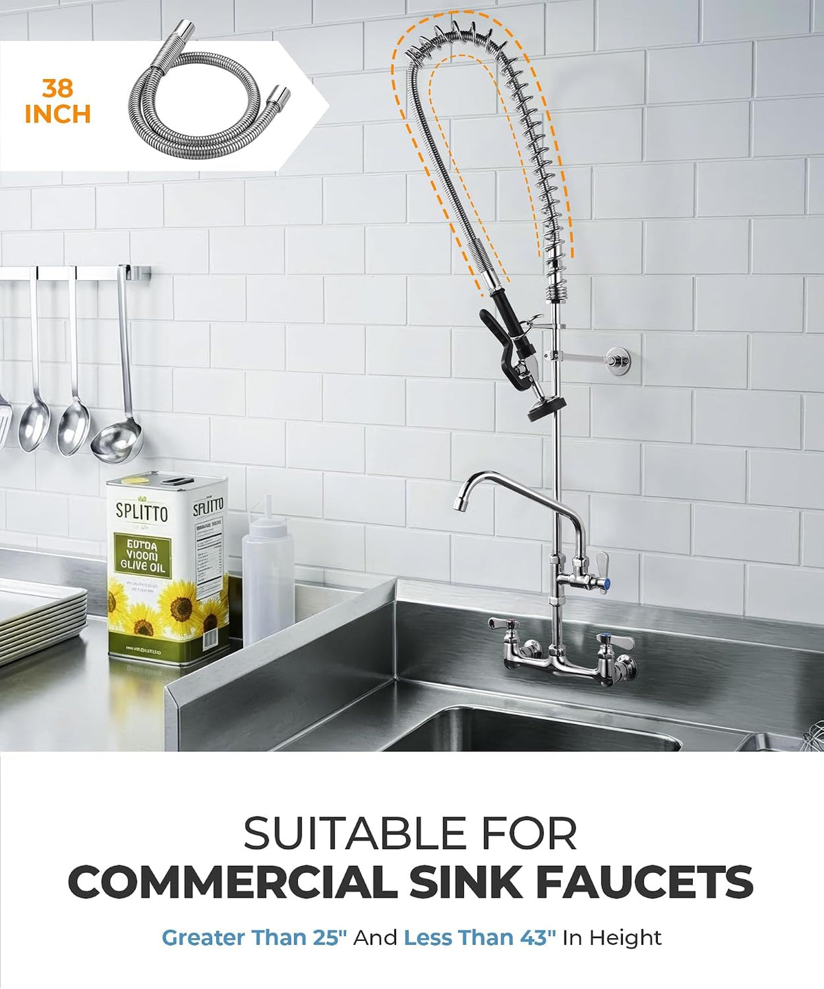 38" Commercial Sink Faucet Sprayer Hose, Pre-rinse Sprayer Hose for Commercial Kitchen Sink Faucet, 38 Inch Stainless Steel Flexible Hose Replacement Kit for Restaurant Industrial Dishwasher