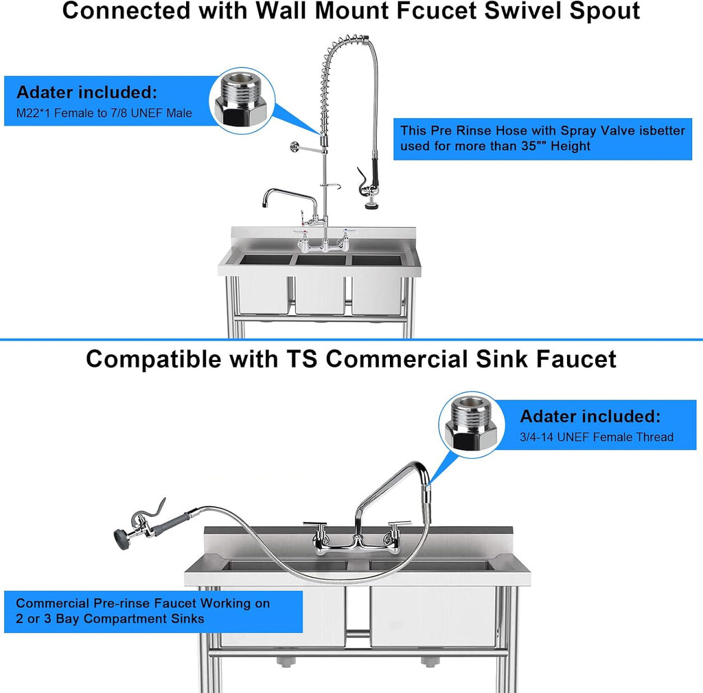 Pre Rinse Spray Valve with 60'' Stainless Hose Commercial Sink Faucet with Sprayer Nozzle Head with Flexible Hose Replacement Kit for Dishwasher Restaurant Wall Mount Kitchen Industrial- Gray