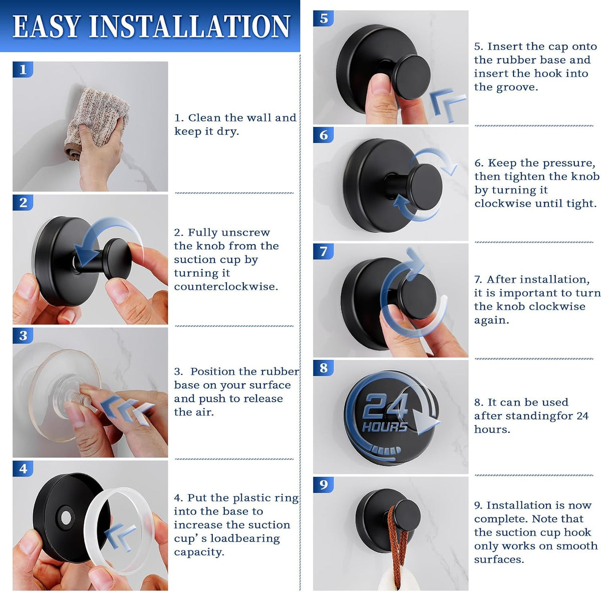 Suction Cup Hooks No Drill Stainless Steel Shower Hooks Towel Hook Heavy Duty on Smooth and Non-Porous Surfaces in Bathrooms Kitchen Bedroom (2, Matte Black)
