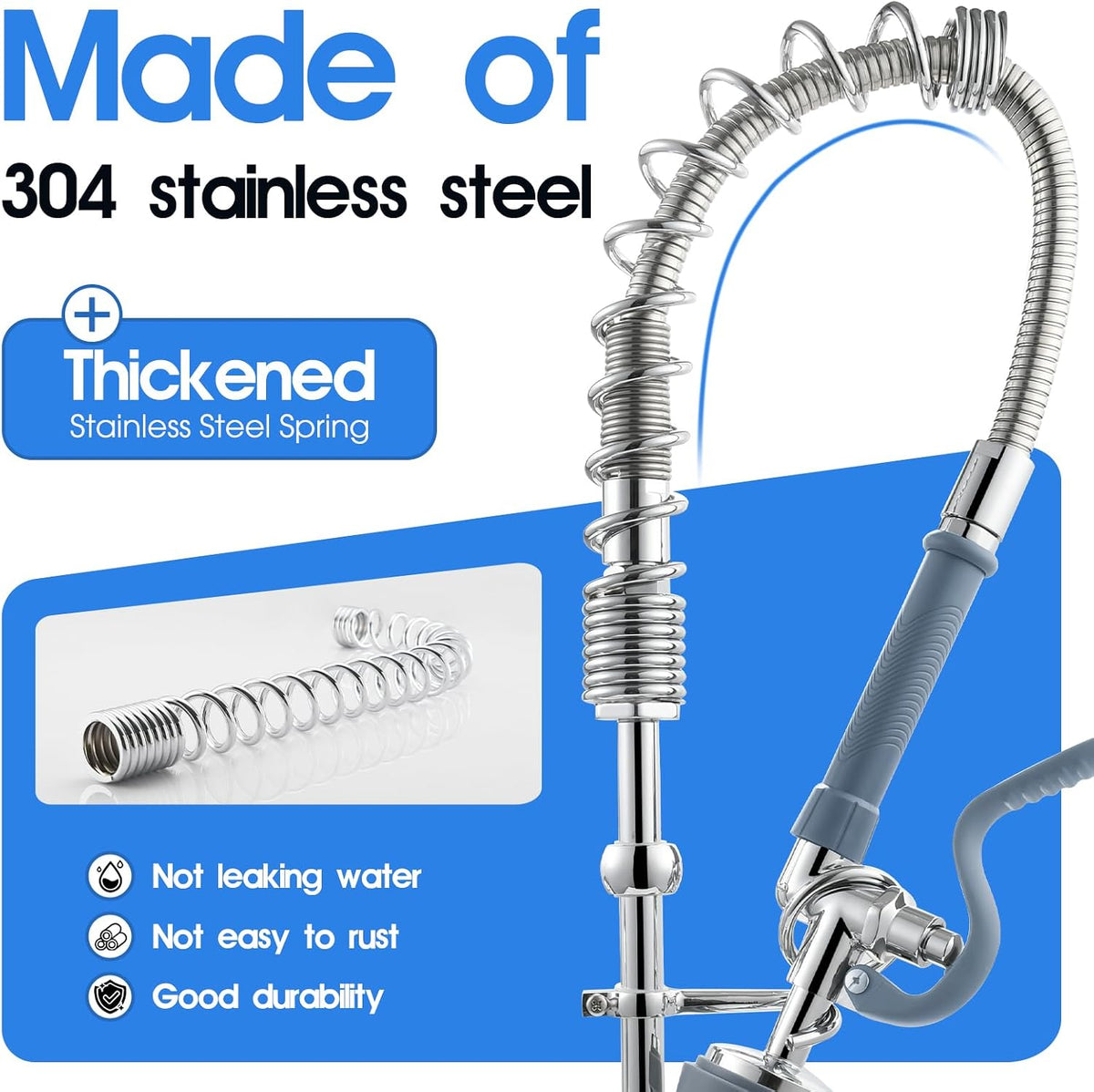 HWM Commercial Sink Sprayer with 44” Flexible Stainless Steel Pre Rinse Hose & Overhead Spring Replacement Kit for Commercial Kitchen Sink Faucets