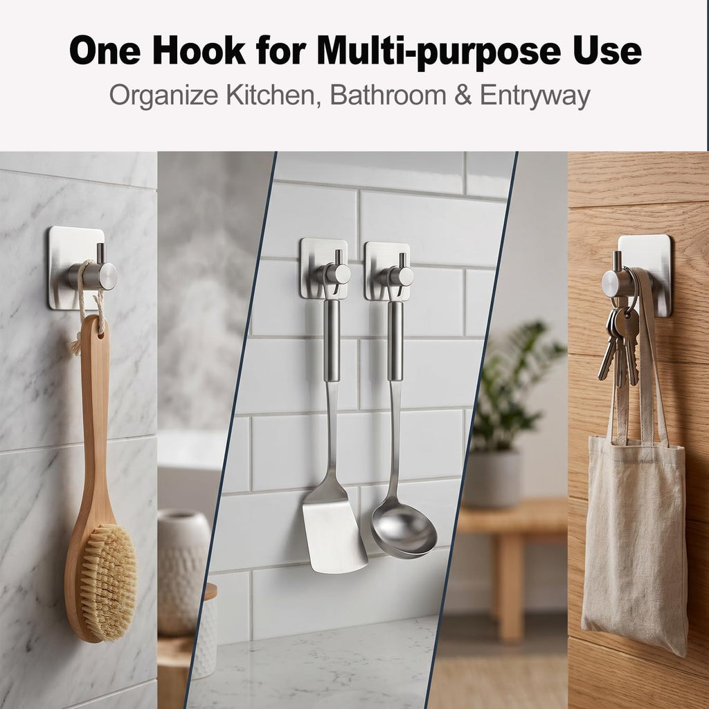 Fotosnow Adhesive Towel Hooks 15lbs Heavy Duty Wall Hooks Waterproof Stainless Steel Hanger for Hanging Coat, Hat, Towel Robe Hook Rack Wall Mount- Bathroom and Bedroom 4-Packs