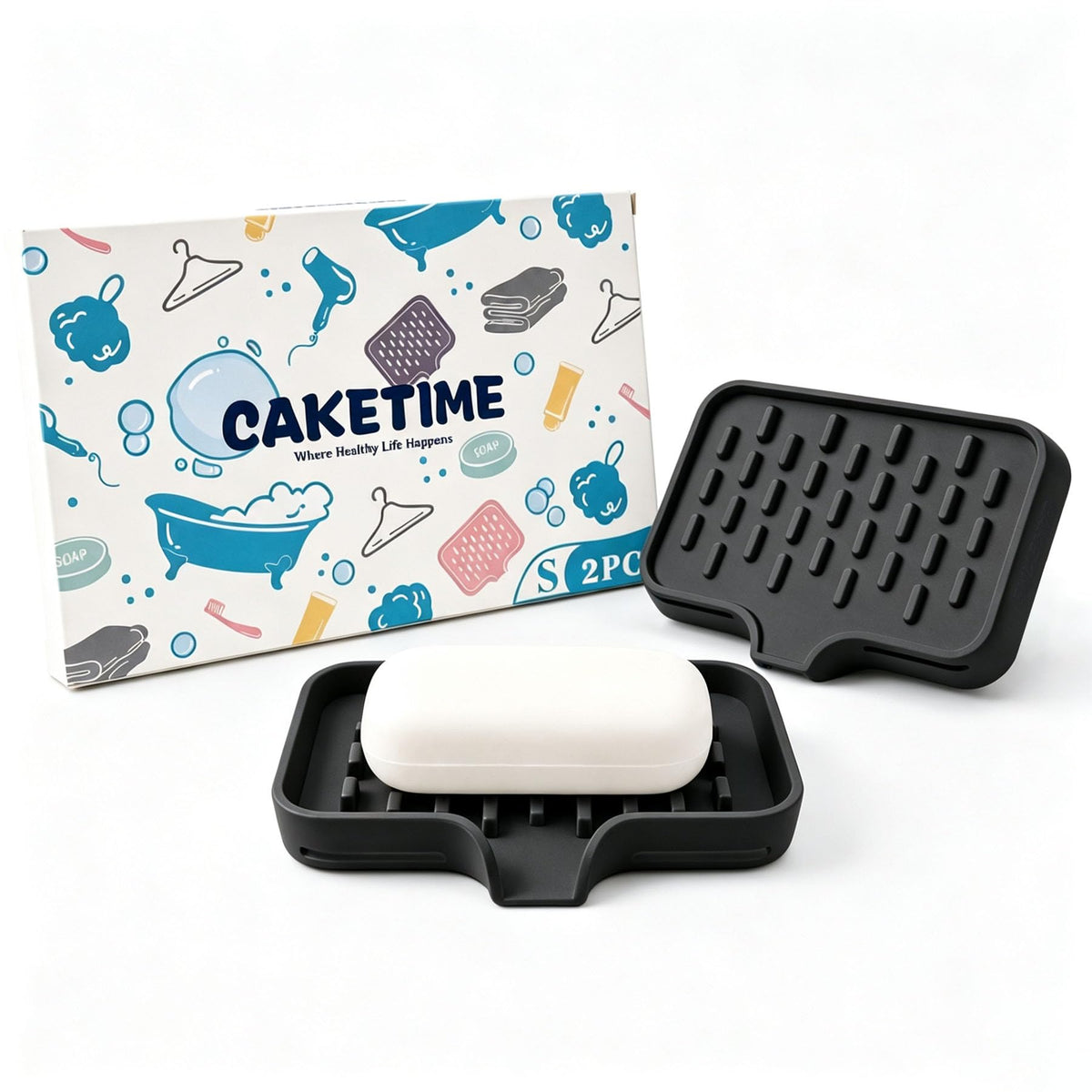 CAKETIME 2 Pack Silicone Soap Dish with Drainage Holes for Bathroom Shower Caddy Kitchen Counter Bar Sponge Holder Drying Rack Sink Organizer Essentials Apartment Home Household Must Haves 2026