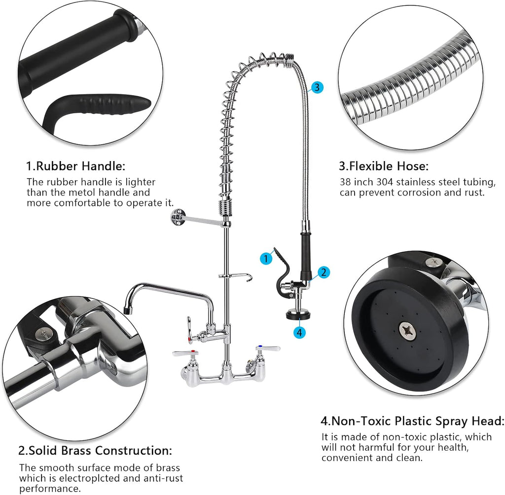 Pre Rinse Spray Valve with 45" Flexible Hose KANONEY Stainless Steel Hose 1.42 GPM Commercial Sink Sprayer Nozzle Head Replacement Kit for Dish Industrial Restaurant Kitchen Faucets, Black