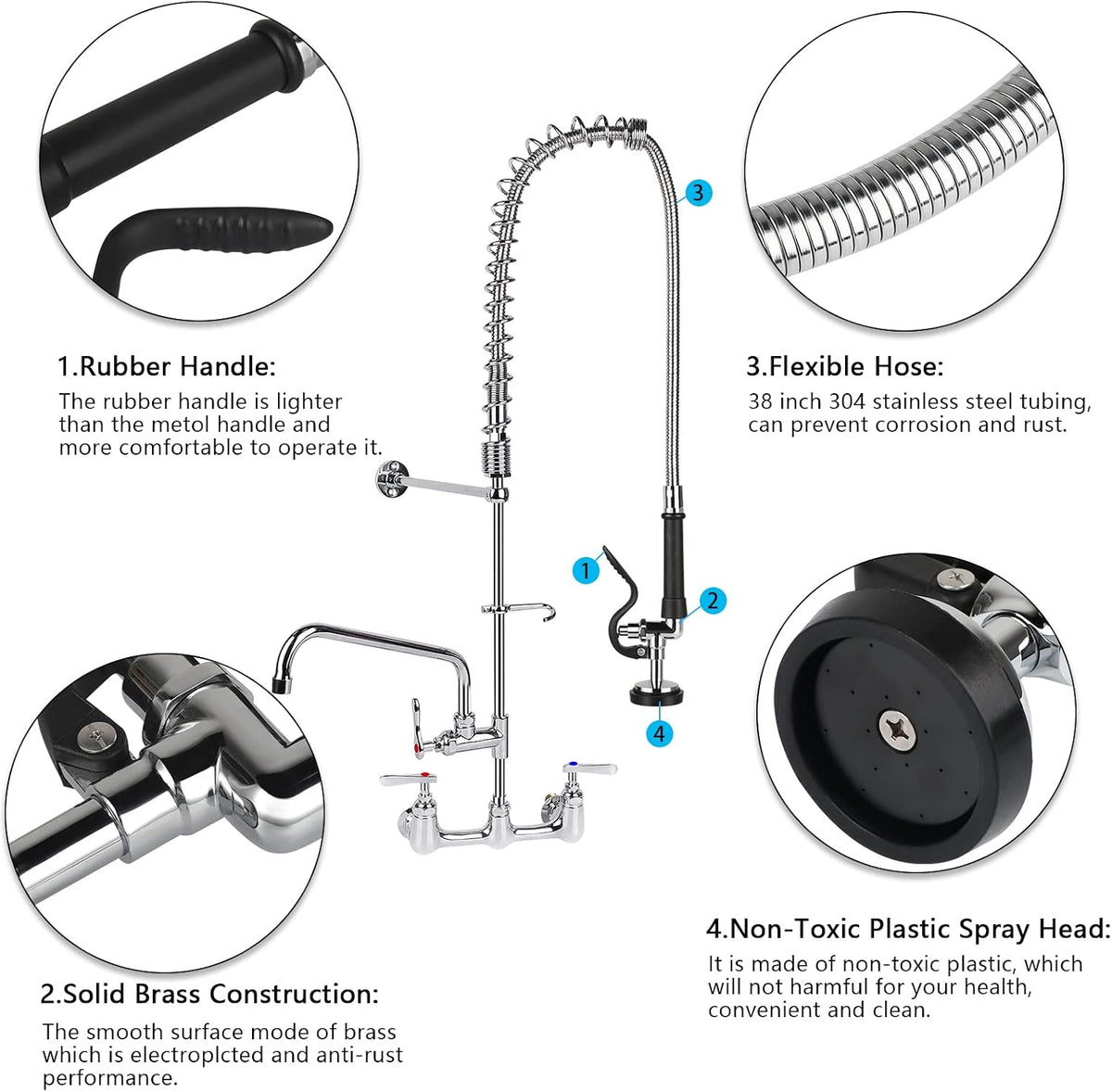 Pre Rinse Spray Valve with 45" Flexible Hose KANONEY Stainless Steel Hose 1.42 GPM Commercial Sink Sprayer Nozzle Head Replacement Kit for Dish Industrial Restaurant Kitchen Faucets, Black