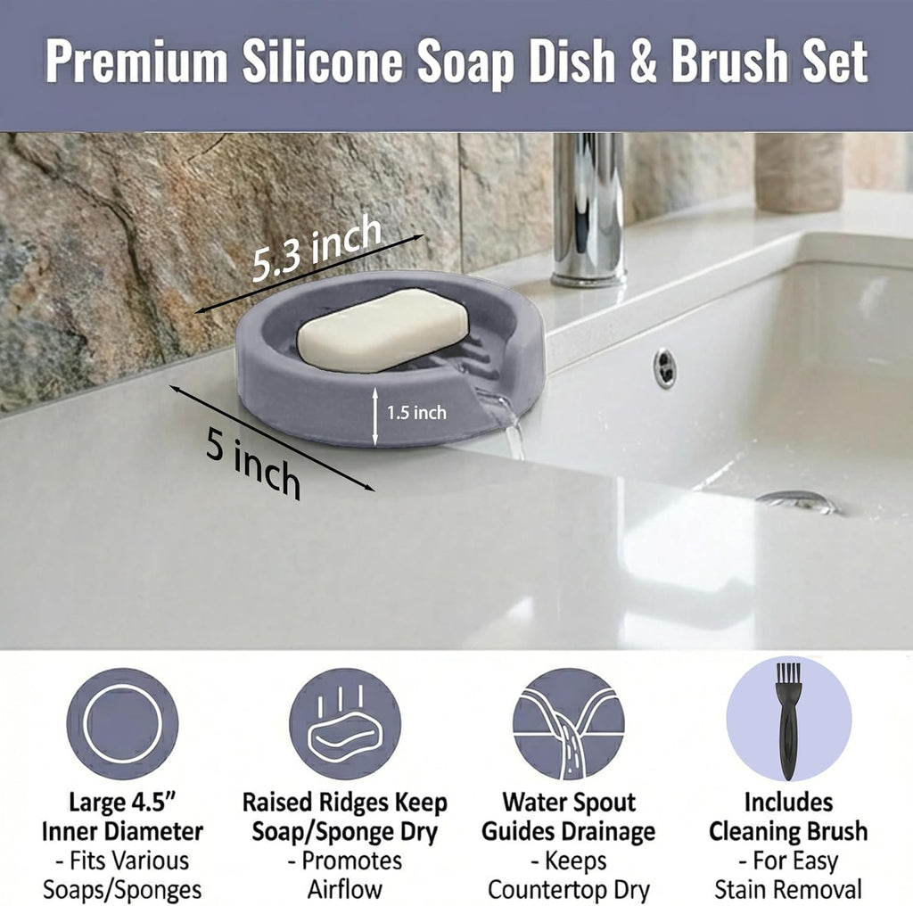 Silicone Sponge Holder Compatible with Scrub Daddy, Self Draining Sink Organizer with Suction Cups, Kitchen Soap Dish & Sponge Holder, Dishwasher Safe,With small brushes, Grey