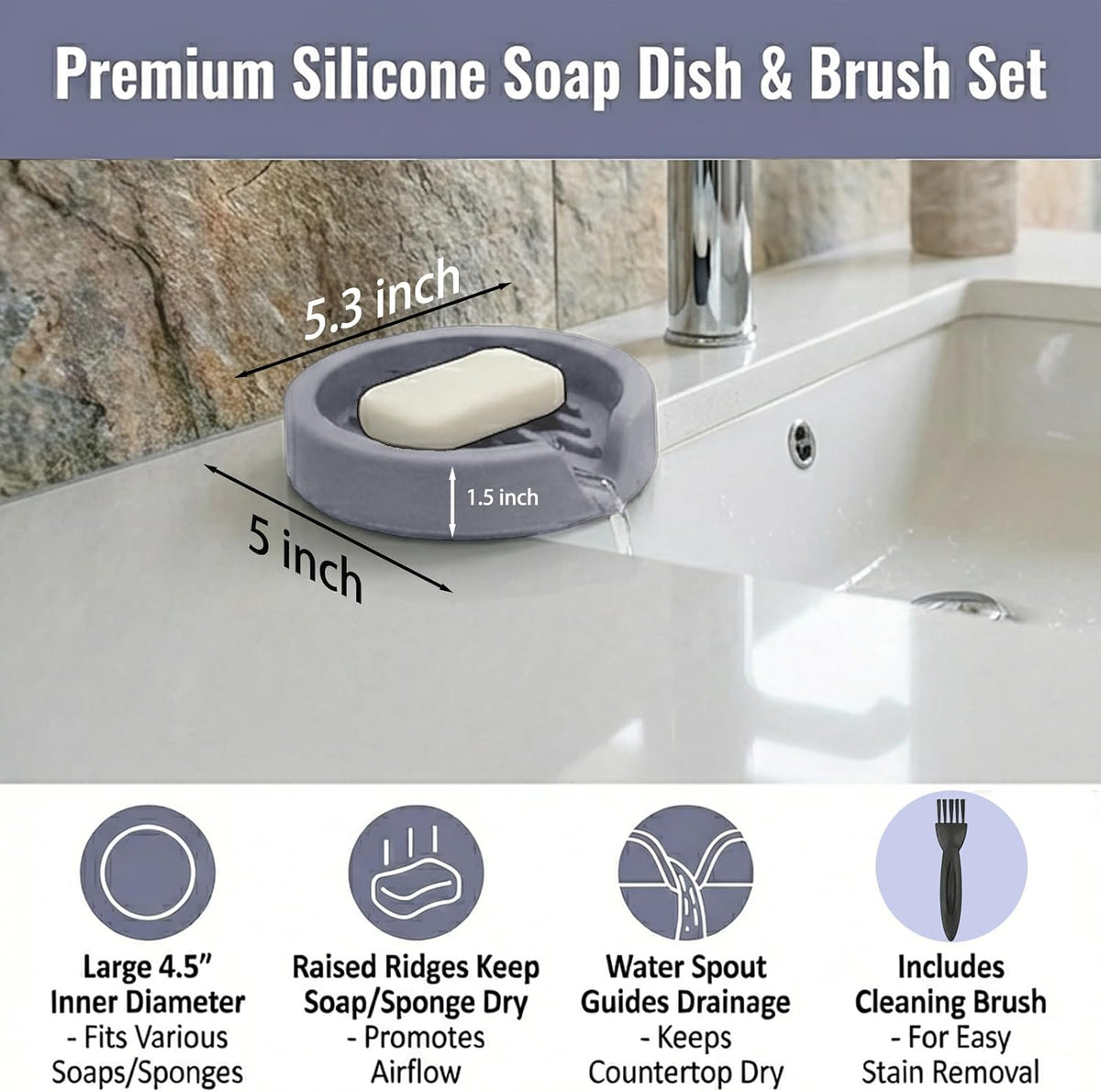 Silicone Sponge Holder Compatible with Scrub Daddy, Self Draining Sink Organizer with Suction Cups, Kitchen Soap Dish & Sponge Holder, Dishwasher Safe,With small brushes, Grey