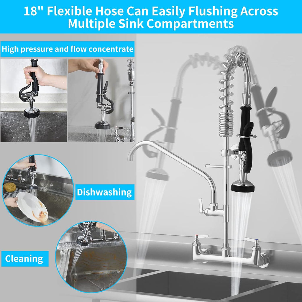Commercial Faucet with Sprayer 8 Inch Center 25" Height Wall Mount Kitchen Sink Faucets Add On 12" Swing Spout & Pull Down Pre Rinse Sprayer for 1, 2 or 3 Compartment Sink (Polished Chrome)