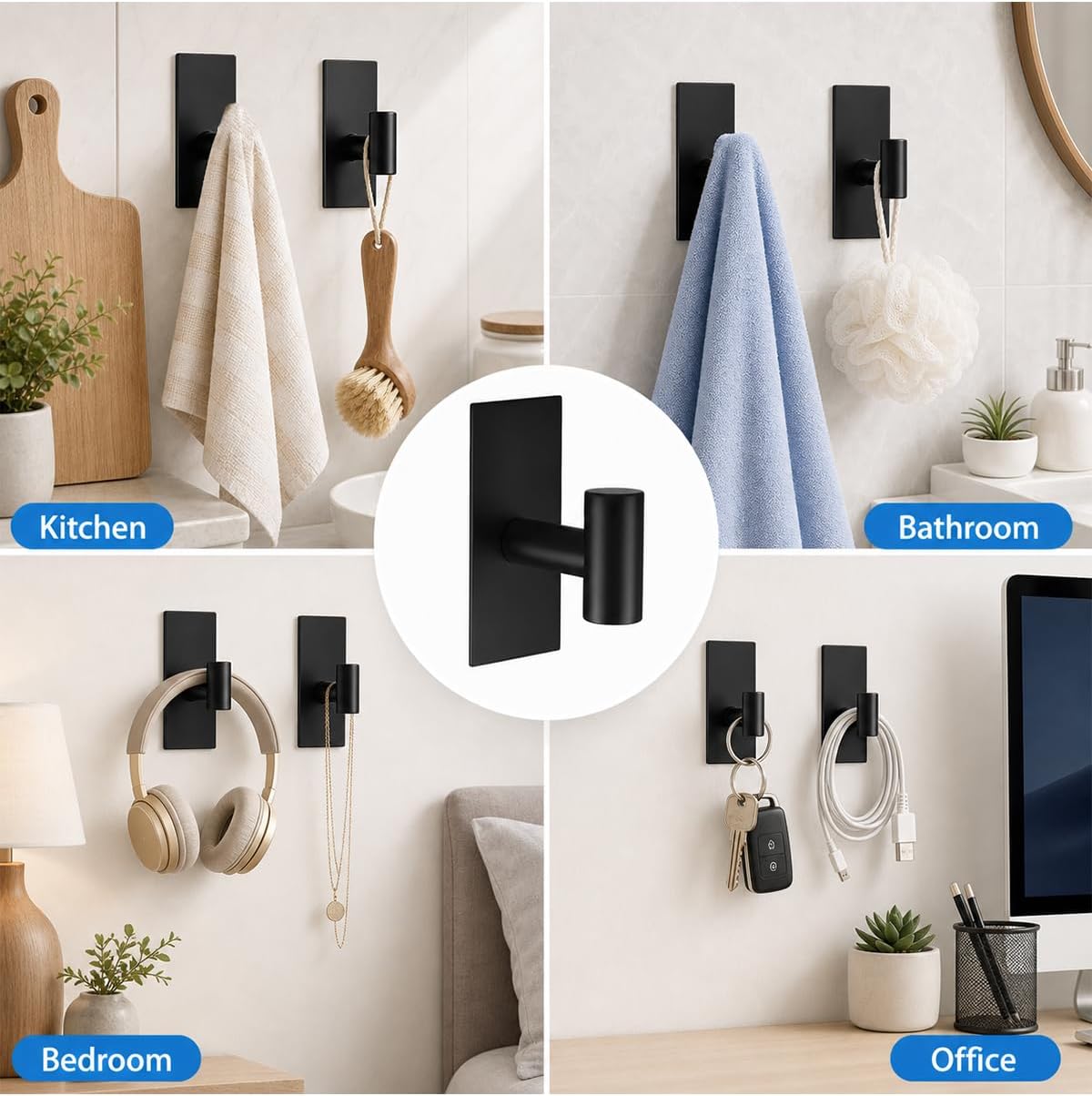 5 Pcs Towel Hooks Heavy Duty for Hanging，Adhesive Wall Hooks with Removable Strips，Sticky No Damage，Outdoor for Bathrooms，Shower，Stockings，Decor，Robe，X-Large，Black 304 Stainless Steel