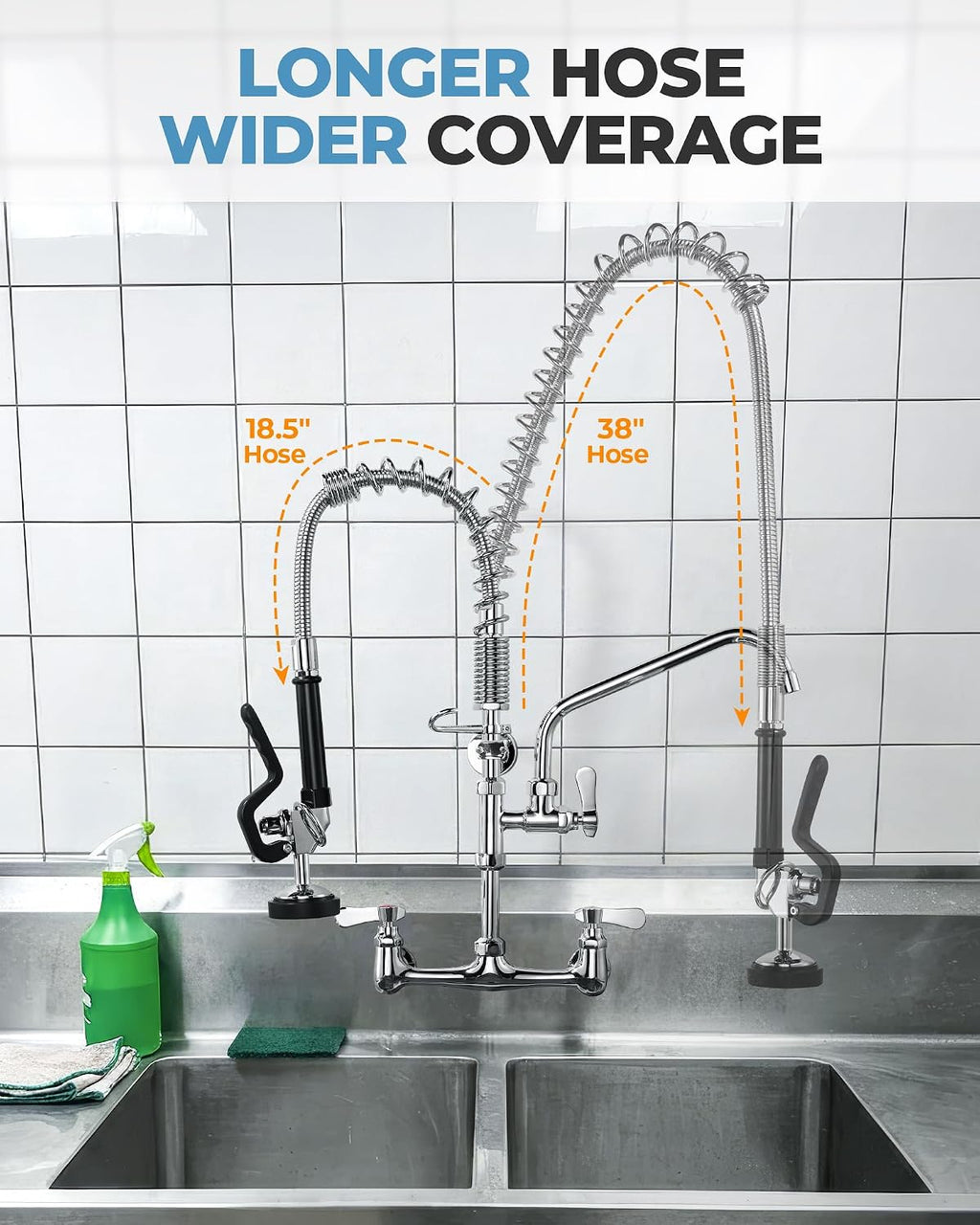 38" Commercial Sink Faucet Sprayer Hose, Pre-rinse Sprayer Hose for Commercial Kitchen Sink Faucet, 38 Inch Stainless Steel Flexible Hose Replacement Kit for Restaurant Industrial Dishwasher