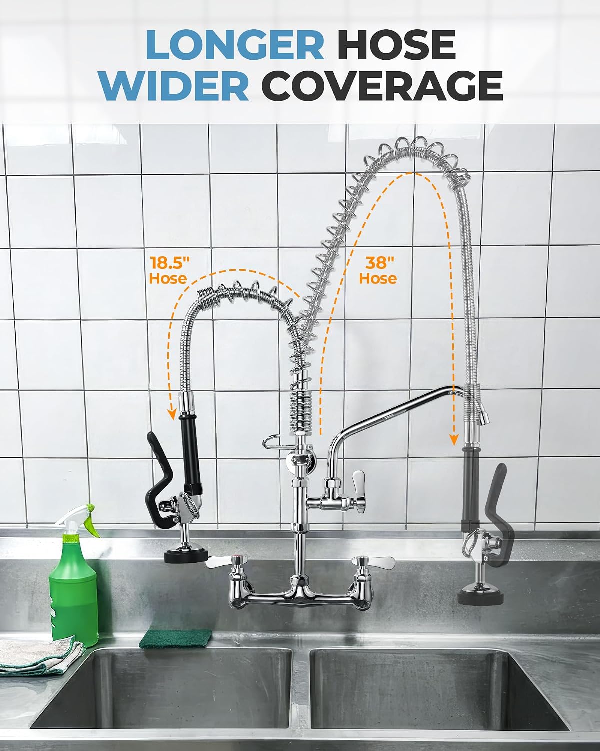 38" Commercial Sink Faucet Sprayer Hose, Pre-rinse Sprayer Hose for Commercial Kitchen Sink Faucet, 38 Inch Stainless Steel Flexible Hose Replacement Kit for Restaurant Industrial Dishwasher