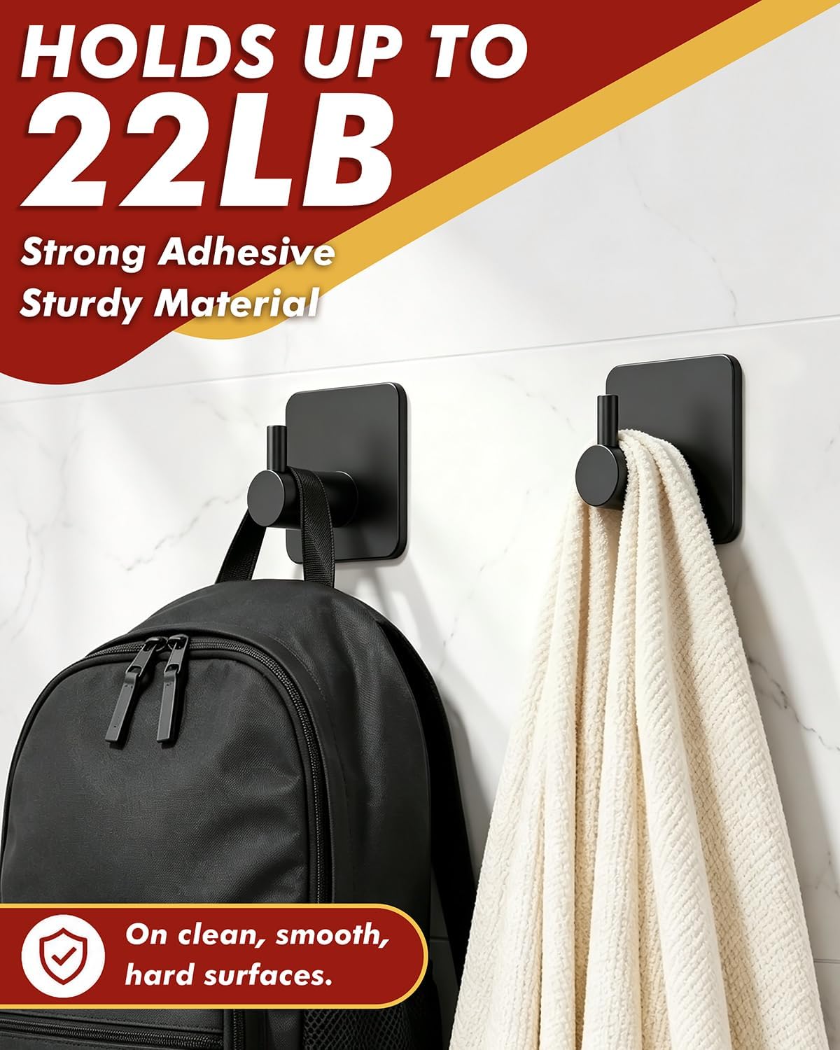 Auxmir Heavy Duty Adhesive Hooks, 5 Pack Stainless Steel Hooks 22 lb, Black