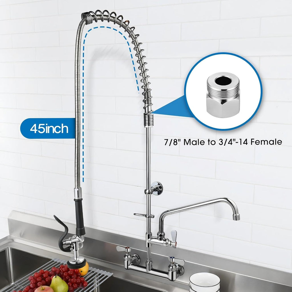 HWM Commercial Sink Sprayer with 45” Flexible Stainless Steel Pre Rinse Hose & Overhead Spring Replacement Kit for Commercial Kitchen Sink Faucets