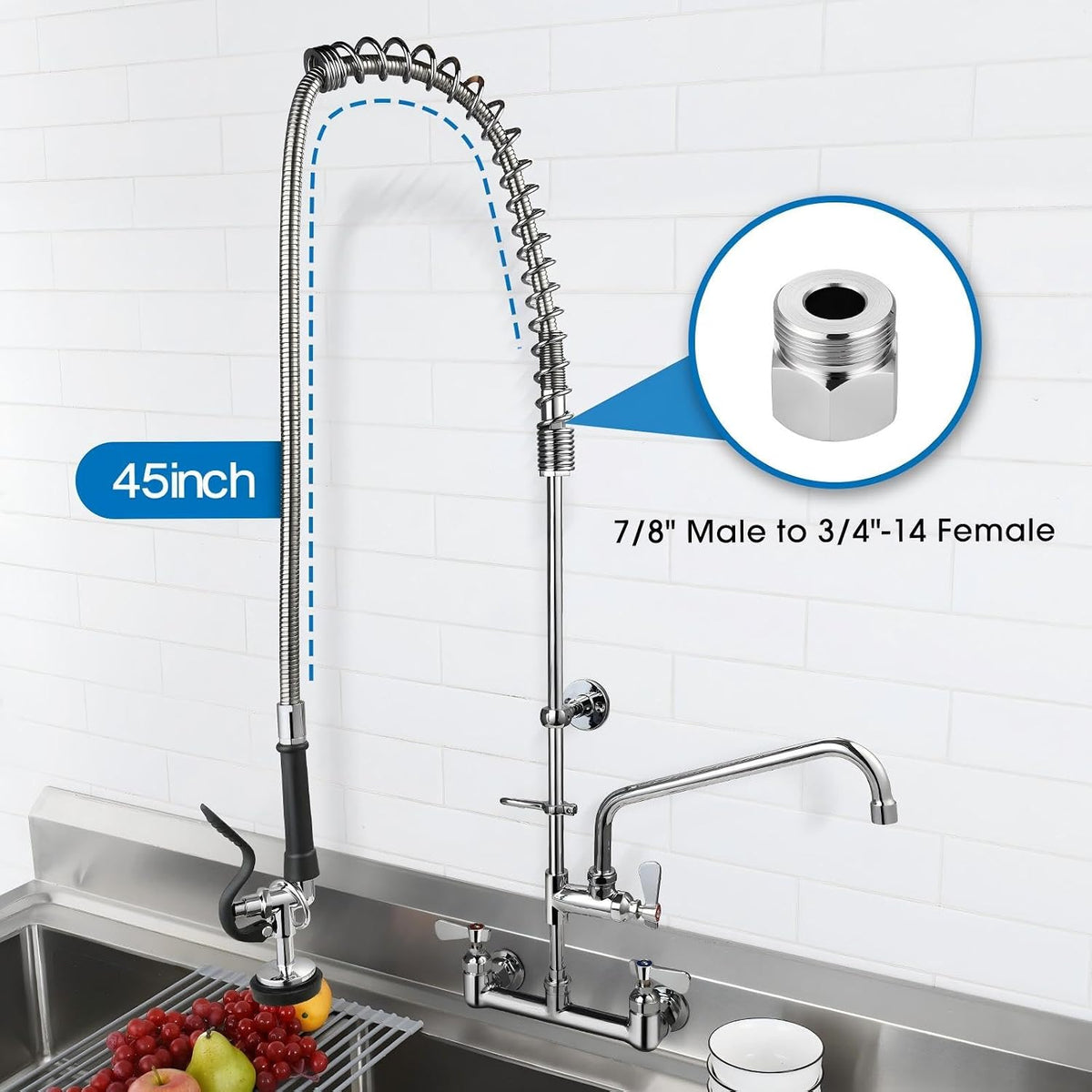 HWM Commercial Sink Sprayer with 45” Flexible Stainless Steel Pre Rinse Hose & Overhead Spring Replacement Kit for Commercial Kitchen Sink Faucets
