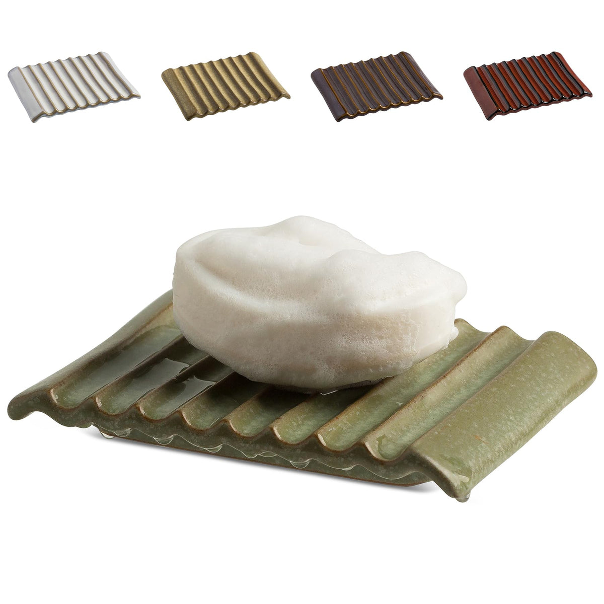 Zoeeker Self Draining Soap Dish, Ceramic Soap Holder with Waterfall Design