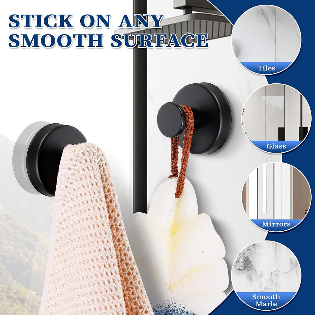 Suction Cup Hooks No Drill Stainless Steel Shower Hooks Towel Hook Heavy Duty on Smooth and Non-Porous Surfaces in Bathrooms Kitchen Bedroom (2, Matte Black)