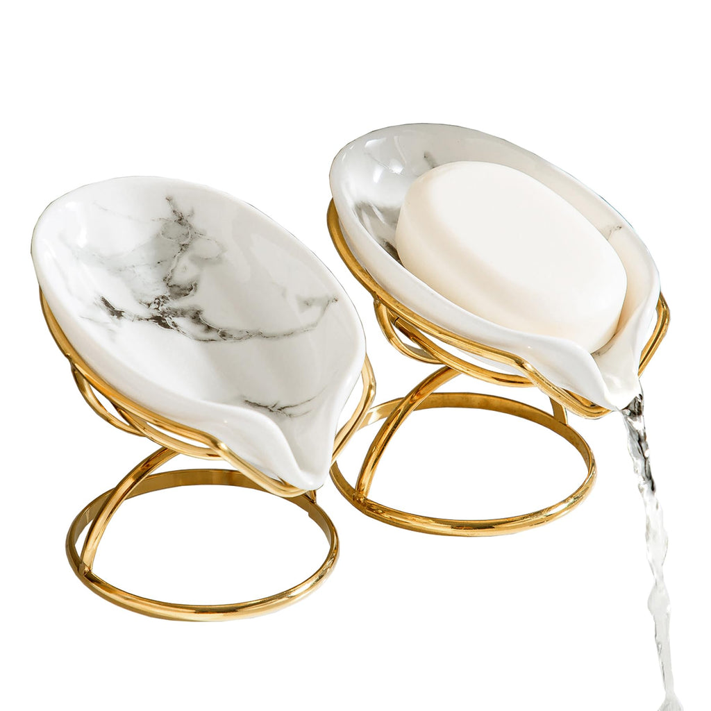 Dobbyby Leaf-Shaped Soap Dish – Ceramic Soap Bar Holder with Self-Drainage System – Bar Soap Holder for Shower, Bathroom Sink, Kitchen – Soap Dish with Stainless Steel Stand (White-Black-2 Pack)