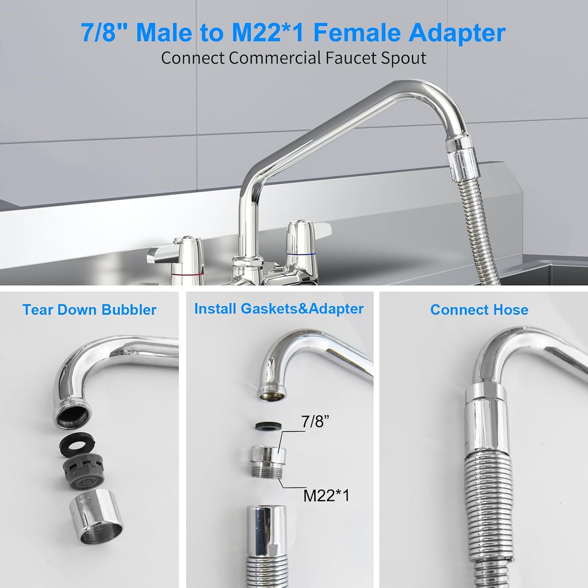 MSTJRY Spray Valve with 45" Pre Rinse Hose, Commercial Sink Sprayer Hose Pre Rinse Sprayer with Flexible Stainless Steel Hose Assembly for Commercial Kitchen Faucets(Grey, with 3 adapters)