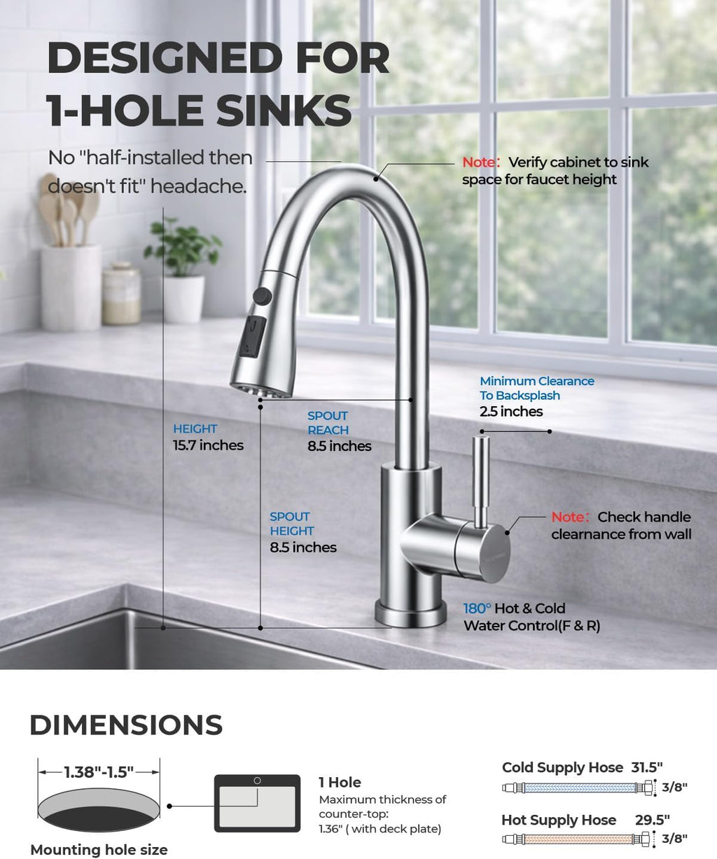 WEWE Pull-Down Kitchen Faucet with 3 Mode Sprayer, Polished Chrome