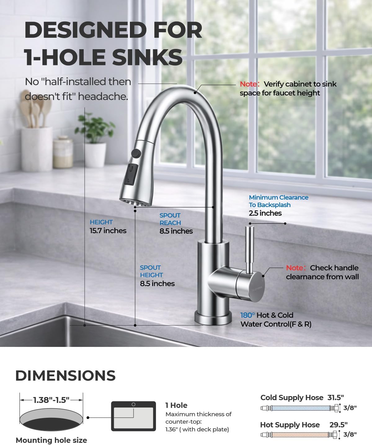 WEWE Pull-Down Kitchen Faucet with 3 Mode Sprayer, Polished Chrome