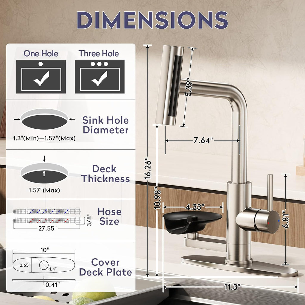 HOWUWEY Brushed Nickel Kitchen Faucet with Pull Down Sprayer & Cup Washer