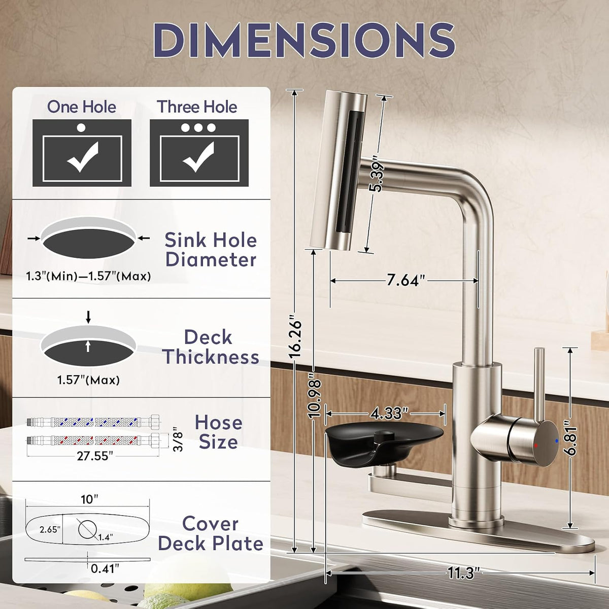 HOWUWEY Brushed Nickel Kitchen Faucet with Pull Down Sprayer & Cup Washer