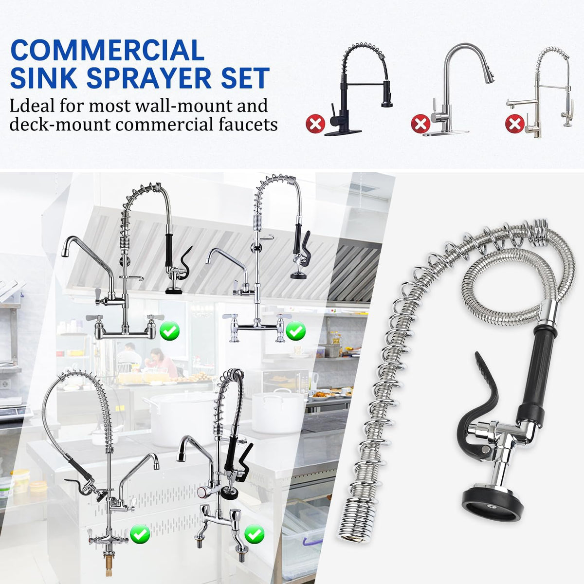 COOLWEST Pre Rinse Spray Valve with 44” Commercial Sink Sprayer Hose and Overhead Spring, Black Pre Rinse Sprayer with Stainless Steel Hose & Spring Replacement Kit for Commercial Kitchen Faucets