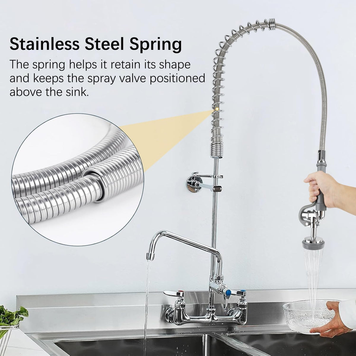 45” Stainless-Steel Pre Rinse Hose with Sprayer Valve & Spring, 1.42 GPM Commercial Sink Sprayer Hose with Nozzle Head Replacement Kit for Commercial Restaurant Kitchen Faucet - Grey