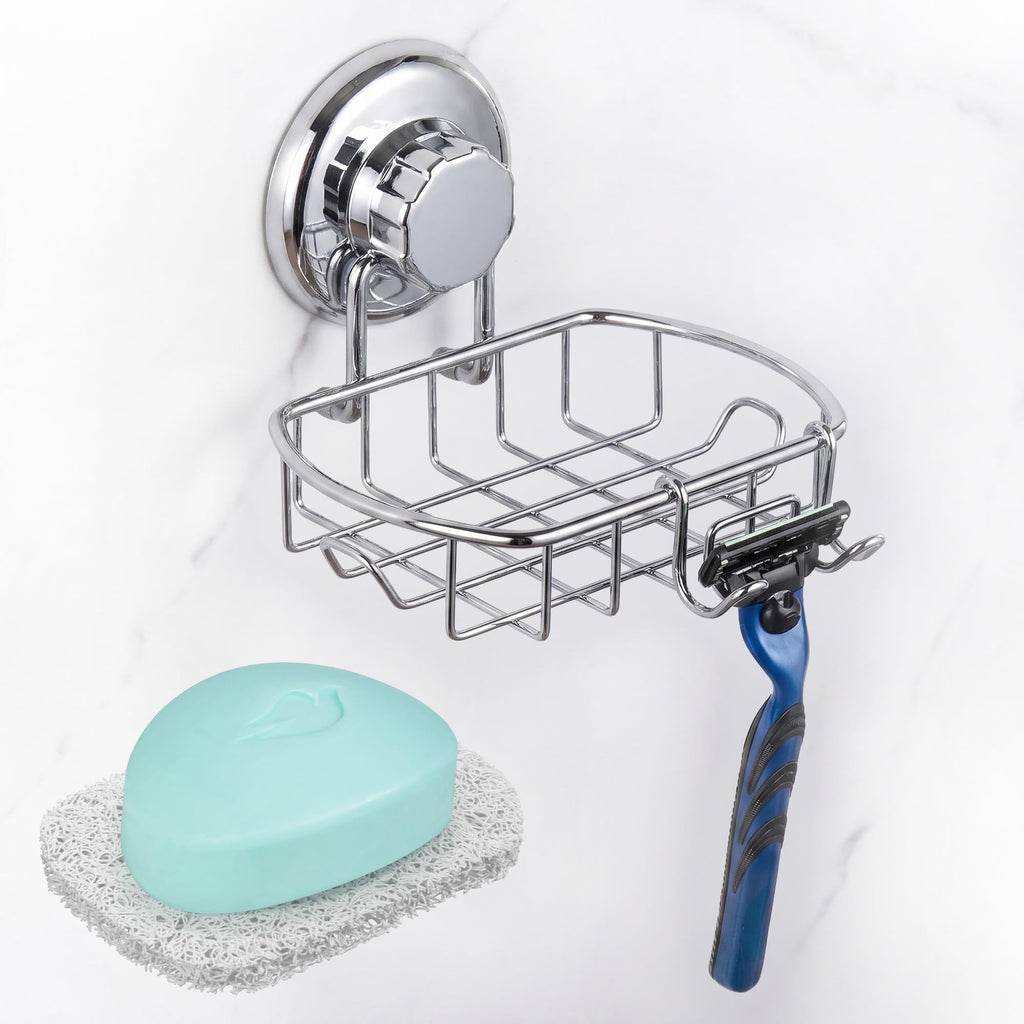 HASKO 2 Pack Suction Cup Soap Dish for Shower Wall, Rustproof Stainless Steel, Shower Soap Holder with Hooks, Includes Optional No Drill Adhesive Mount for Bathroom, 2 Soap Savers, Black