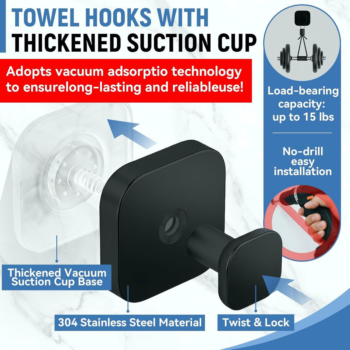 Suction Cup Hooks 4 Pack‑ Heavy‑Duty Shower Suction Hooks (Max Load 15 lbs), Removable Waterproof Towel Hooks for Shower Wall, Bathroom Glass, Window & Kitchen (Black)