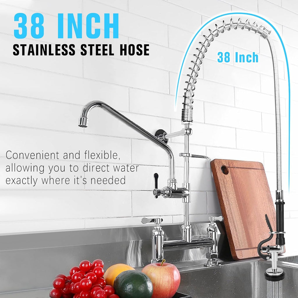 Spray Valve with 38" Flexible Stainless Steel Hose & Pre-Rinse Overhead Spring, Commercial Faucet Flexible Hose with Spray Head Replacement Kit for Commercial Restaurant Industrial Kitchen Sink Faucet