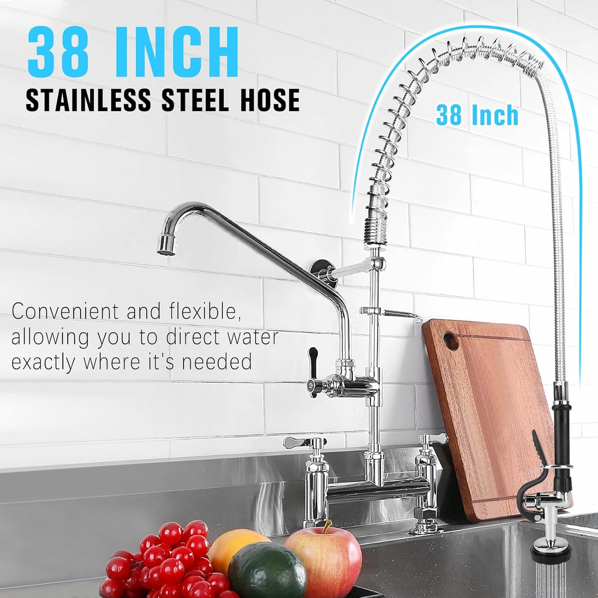 Spray Valve with 38" Flexible Stainless Steel Hose & Pre-Rinse Overhead Spring, Commercial Faucet Flexible Hose with Spray Head Replacement Kit for Commercial Restaurant Industrial Kitchen Sink Faucet