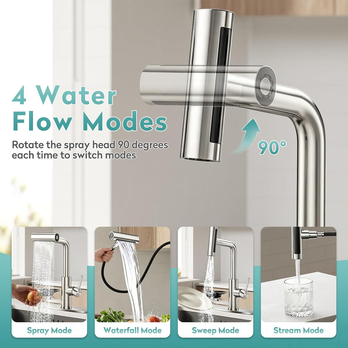 MIAOHUI Brushed Nickel Kitchen Faucet with Glass Rinser, 4 Modes