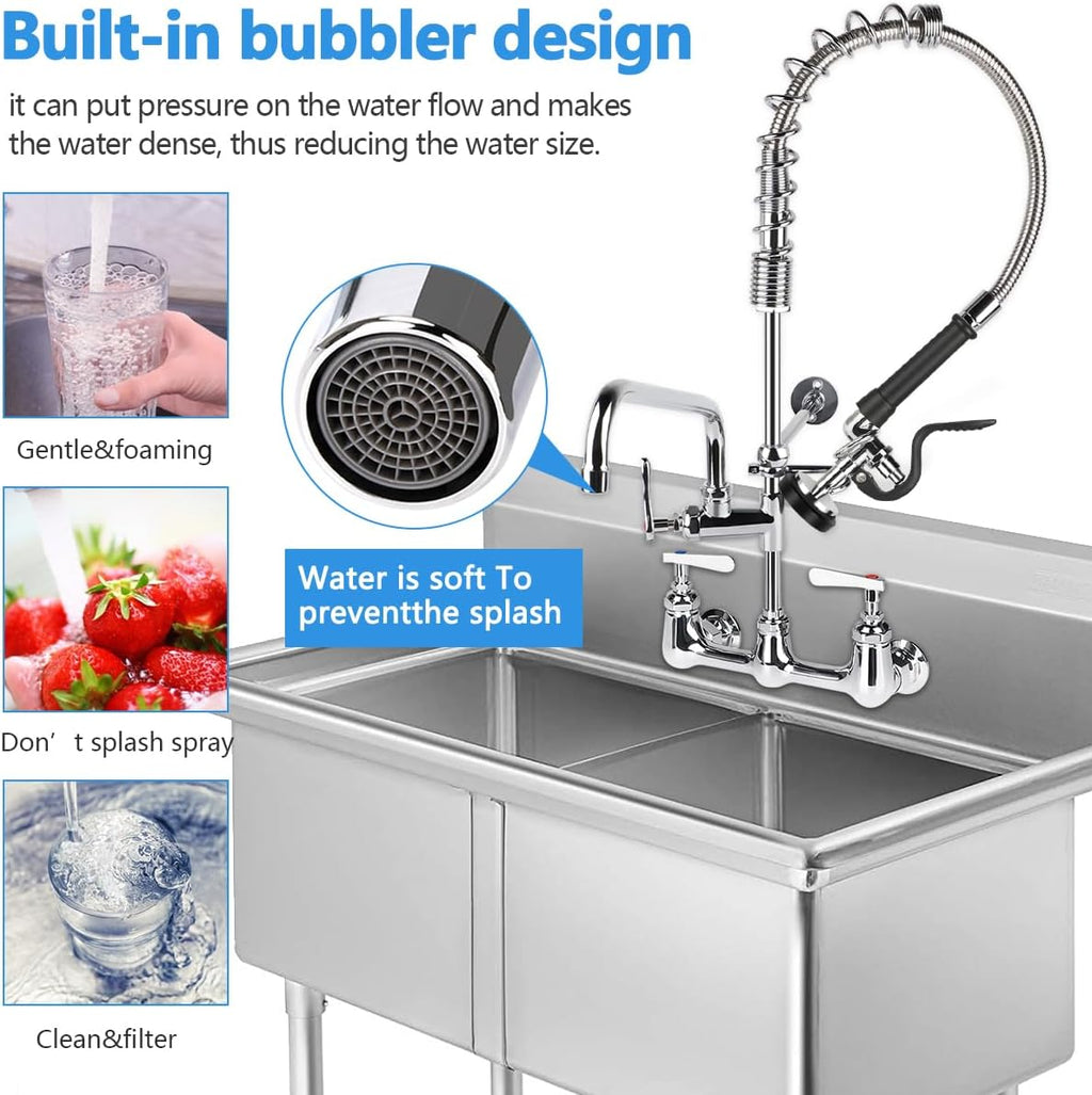 COOLWEST Commercial Pre-Rinse Faucet 8" Center Wall Mount Kitchen Faucet with 12” Add-on Swivel Spout 25” Height Commercial Sink Faucet and Pre Rinse Sprayer Brass Constructed
