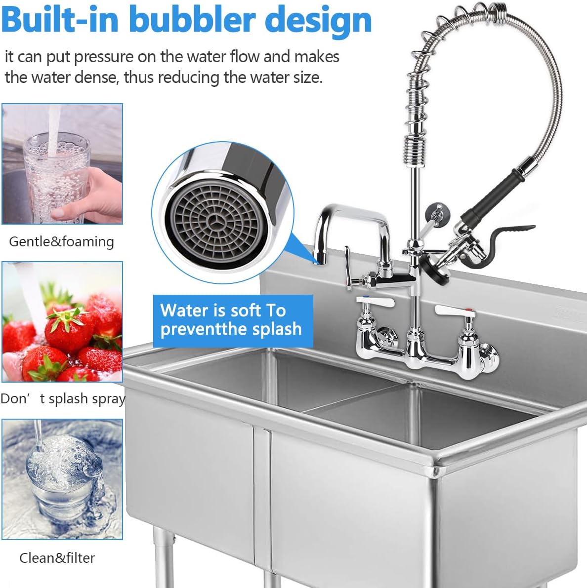 COOLWEST Commercial Pre-Rinse Faucet 8" Center Wall Mount Kitchen Faucet with 12” Add-on Swivel Spout 25” Height Commercial Sink Faucet and Pre Rinse Sprayer Brass Constructed