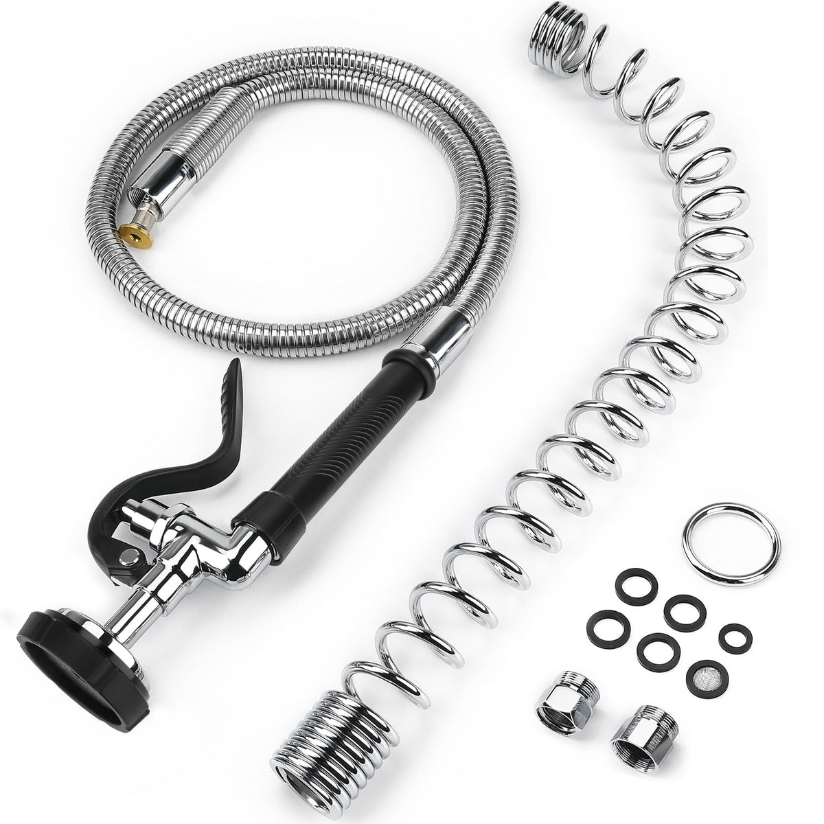 Spray Valve with 38" Flexible Stainless Steel Hose & Pre-Rinse Overhead Spring, Commercial Faucet Flexible Hose with Spray Head Replacement Kit for Commercial Restaurant Industrial Kitchen Sink Faucet