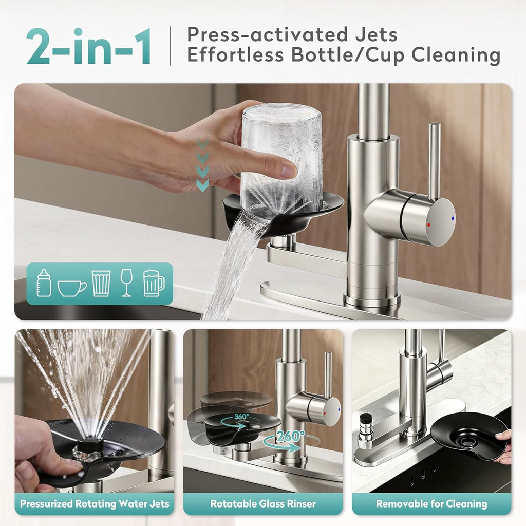 MIAOHUI Brushed Nickel Kitchen Faucet with Glass Rinser, 4 Modes