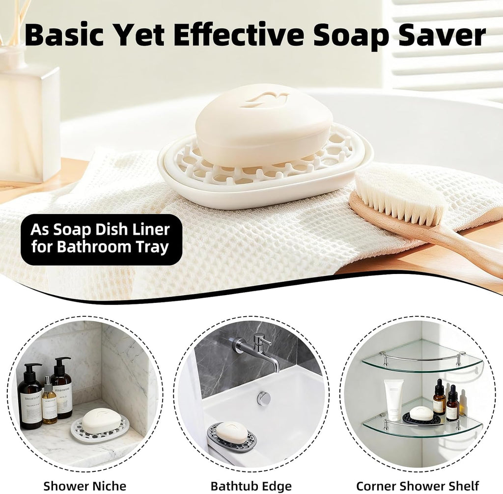2 Pack Soap Dish for Shower, Non-Slip Silicone Bar Soap Holder with Efficient Drainage Holes for Bathroom Sink, Self Draining Soaps Saver Pad for Shower Niche, Shelf (White- 2Pcs)