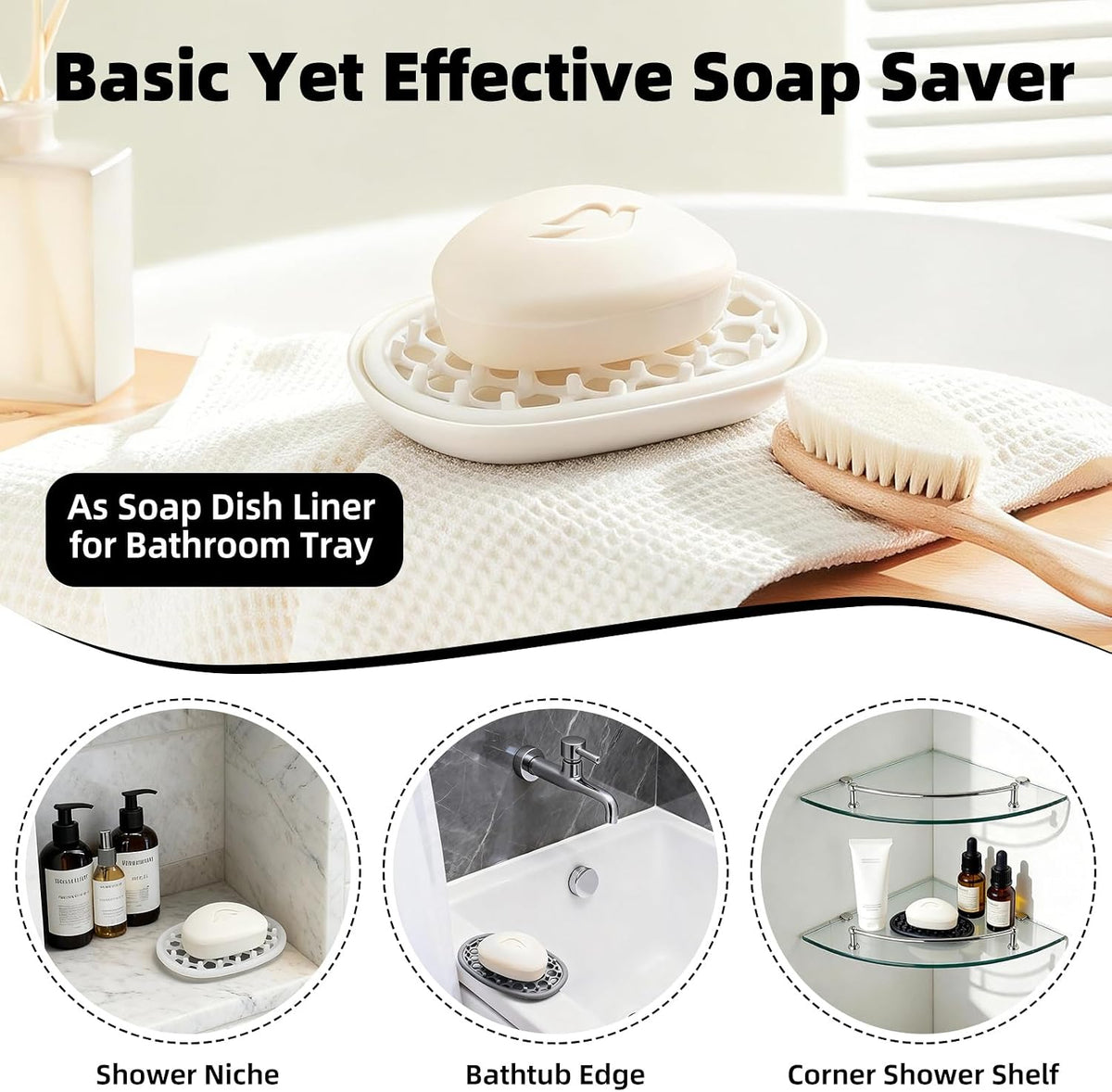 2 Pack Soap Dish for Shower, Non-Slip Silicone Bar Soap Holder with Efficient Drainage Holes for Bathroom Sink, Self Draining Soaps Saver Pad for Shower Niche, Shelf (White- 2Pcs)