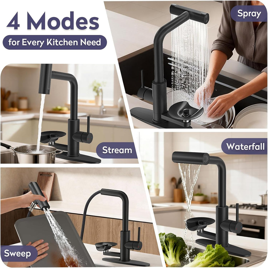 HOWUWEY Black Kitchen Faucet with Pull Down Sprayer & Cup Washer